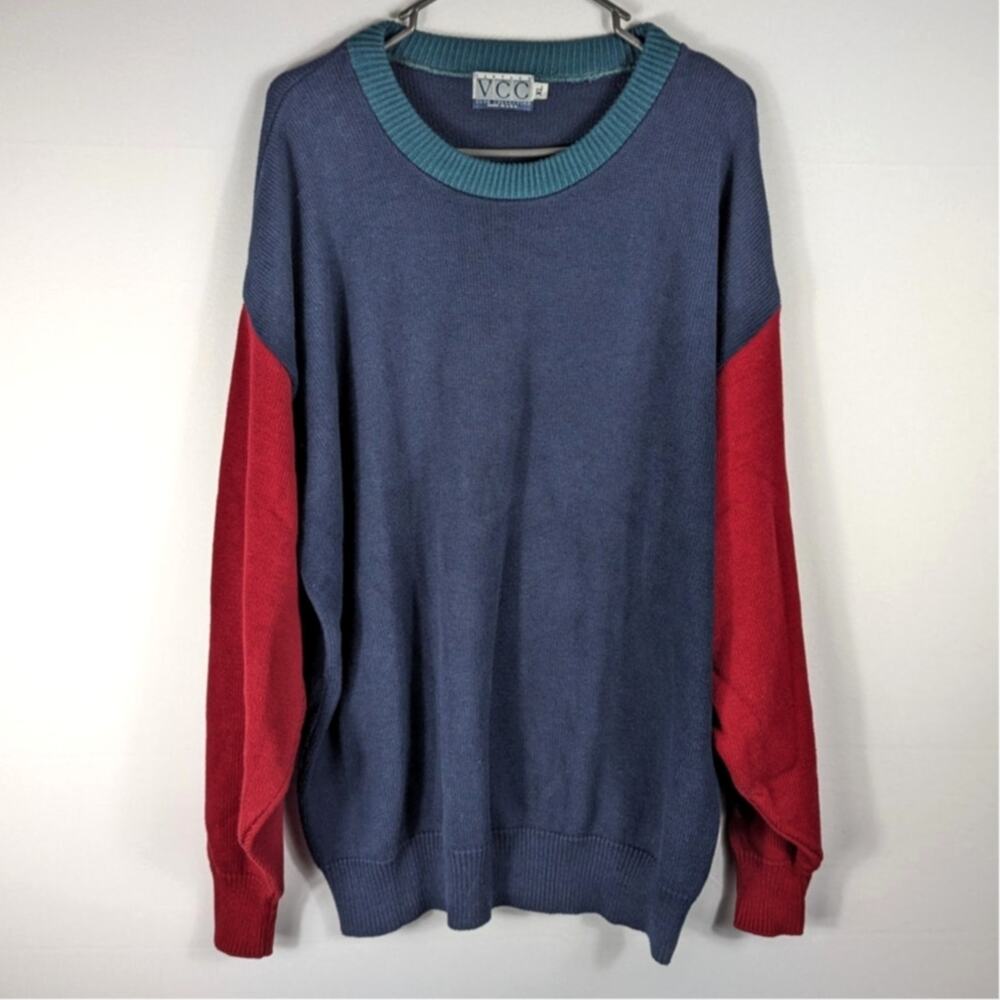 VCC XL USA Made Cotton Colorblock Sweater Red Blue Vintage 90s Crewneck Knit